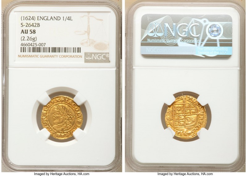 James I gold 1/4 Laurel ND (1624) AU58 NGC, London mint, Trefoil mm, Third coina...