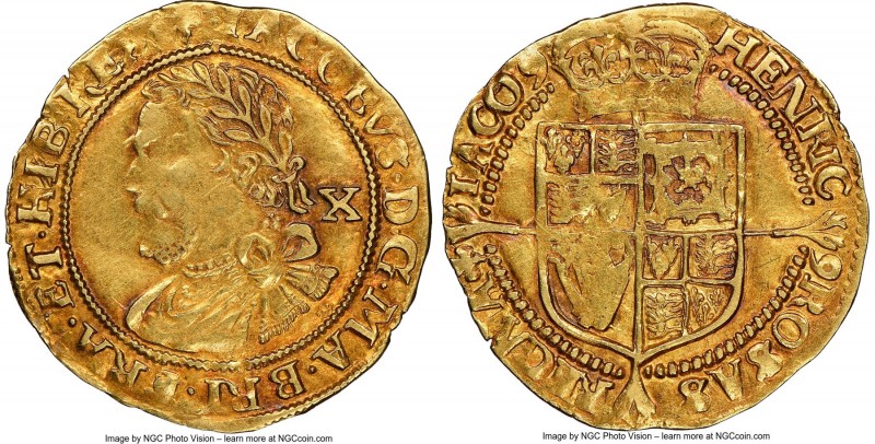 James I gold 1/2 Laurel ND (1624) AU50 NGC, London mint, Trefoil mm, Third coina...