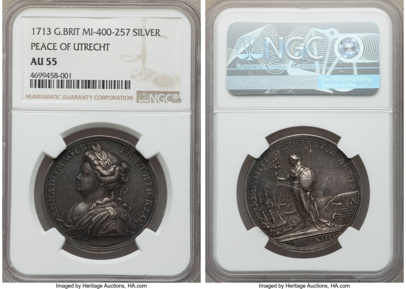 Anne silver "Peace of Utrecht" Medal 1713 AU55 NGC, MI-400/257. 34mm. By Croker....