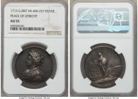 Anne silver "Peace of Utrecht" Medal 1713 AU55 NGC, MI-400/257. 34mm. By Croker. ANNA D G MAG BRI FR ET HIB REG Her laureate and draped left / COMPOSI...