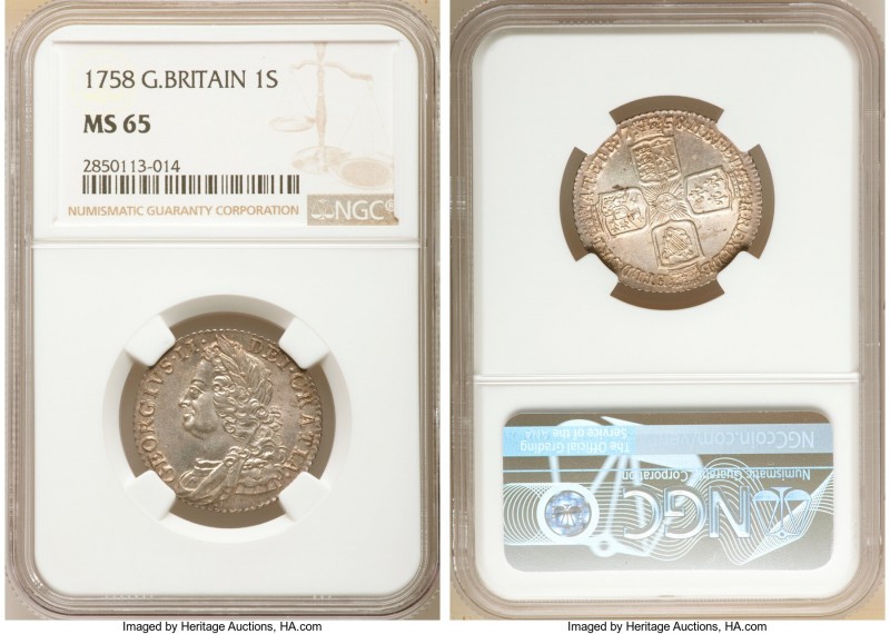 George II Shilling 1758 MS65 NGC, KM583.3, S-3704. An enchanting shilling of Geo...