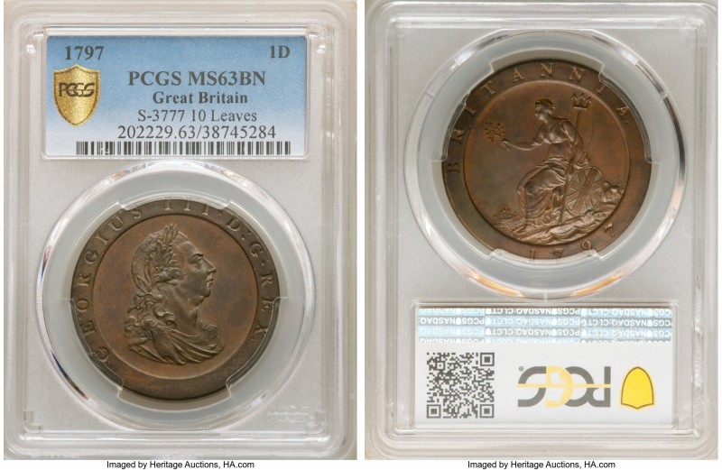 George III Penny 1797-SOHO MS63 Brown PCGS, Soho mint, KM618, S-3777. 10 Leaves....