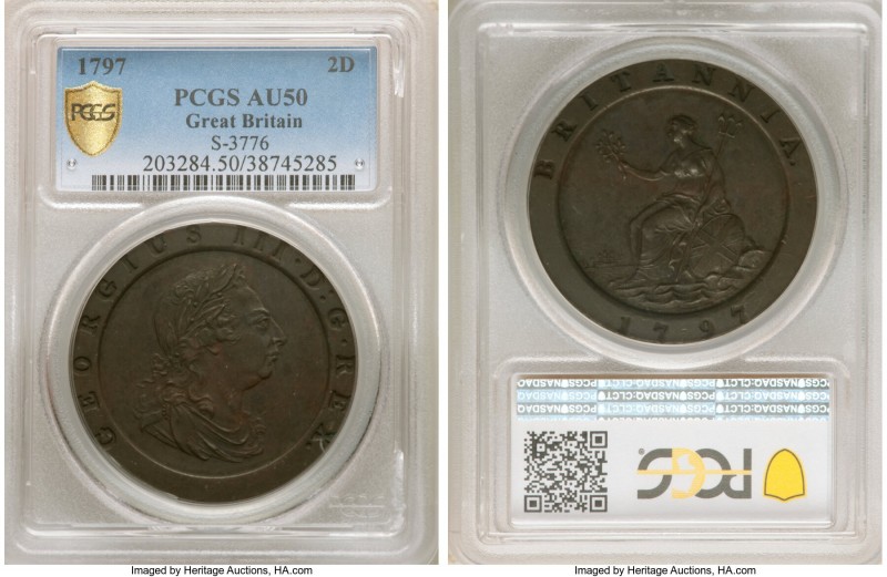 George III "Cartwheel" 2 Pence 1797-SOHO AU50 Brown PCGS, Soho mint, KM619, S-37...