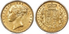 Victoria gold Sovereign 1849 AU58 PCGS, KM736.1, S-3852C. Displaying light surface friction with satiny golden brilliance enveloping the peripheral fe...