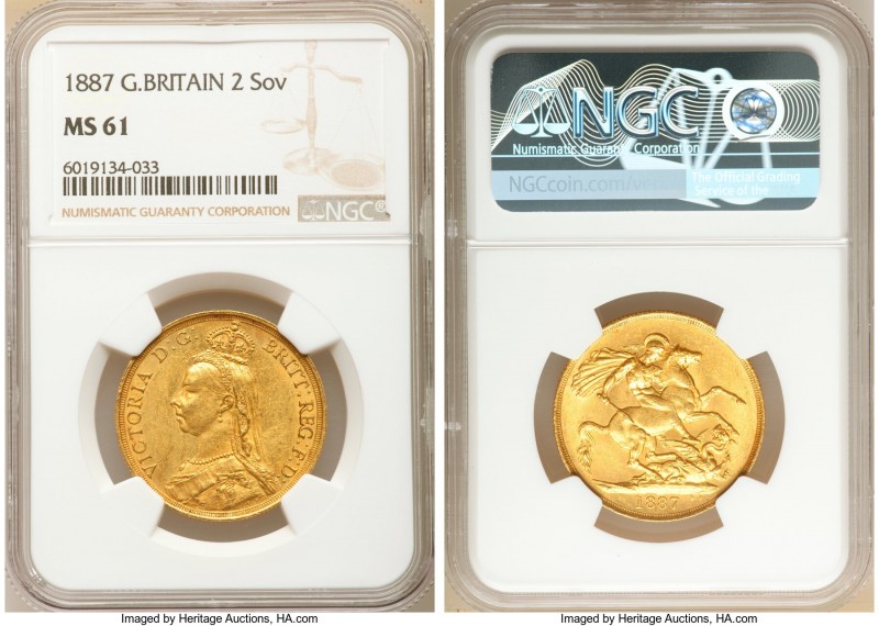 Victoria gold 2 Pounds 1887 MS61 NGC, KM768, S-3865. Jubilee head type.

HID09...