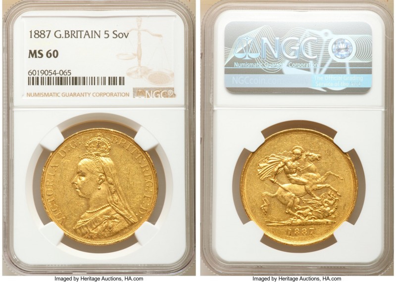 Victoria gold 5 Pounds 1887 MS60 NGC, KM769, S-3864. AGW 1.1775 oz.

HID098012...