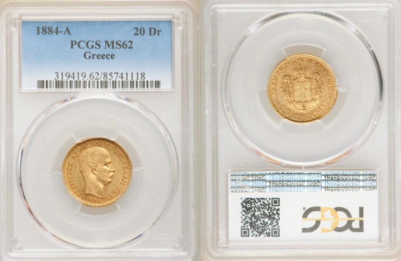 George I gold 20 Drachmai 1884-A MS62 PCGS, Paris mint, KM56. One year type. AGW...