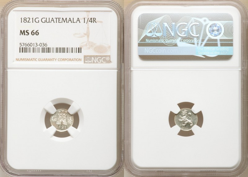 Ferdinand VII 1/4 Real 1821-G MS66 NGC, Nueva Guatemala mint, KM72. Boldly struc...