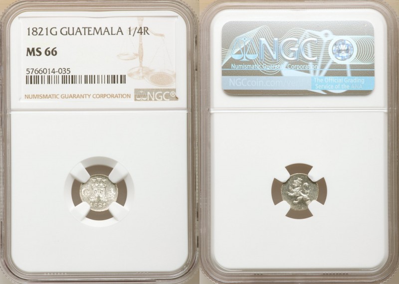 Ferdinand VII 1/4 Real 1821-G MS66 NGC, Nueva Guatemala mint, KM72. Untoned with...