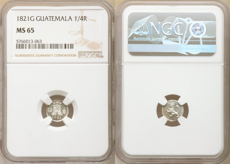 Ferdinand VII 1/4 Real 1821-G MS65 NGC, Nueva Guatemala mint, KM72. Semi-Proofli...