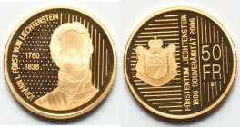 Hans-Adam II gold Proof 50 Franken (2006)-B, Bern mint, KM-Y25. Commemorates 200th anniversary of sovereignty. AGW 0.2852 oz. 

HID09801242017

© ...