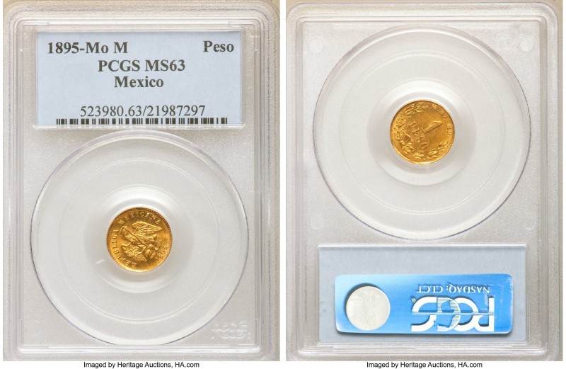 Republic gold Peso 1895 Mo-M MS63 PCGS, Mexico City mint, KM410.5. Allover brill...