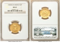 Republic gold 5 Pesos 1900 Mo-M MS63 NGC, Mexico City mint, KM412.6. A fully lustrous and well struck specimen displaying few nicks to the fields. 
...