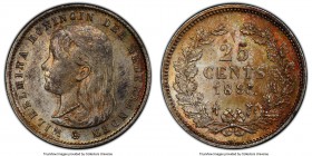 Wilhelmina 25 Cents 1895 MS64 PCGS, KM115. This near-gem specimen exhibits a heavy, mottled emerald and amber hue, most notably to the reverse.

HID...