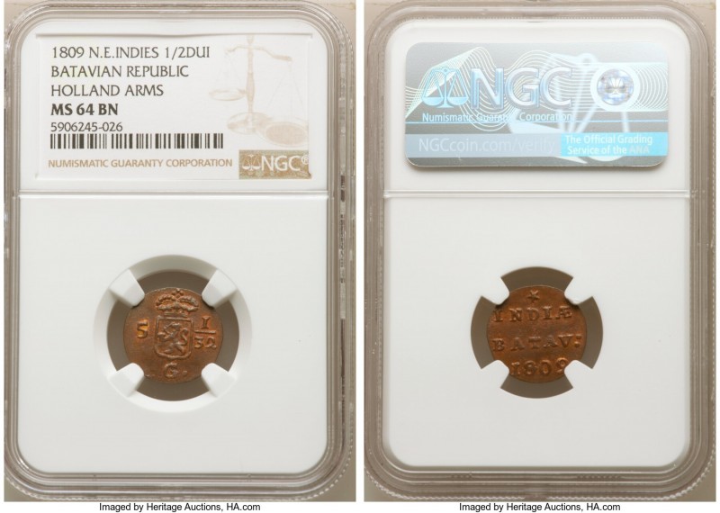 Dutch Colony. Batavian Republic 1/2 Duit 1809 MS64 Brown NGC, Dordrecht mint, KM...