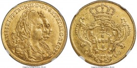 Maria I & Pedro III gold 4 Escudos (Peça) 1785 AU58 NGC, Lisbon mint, KM281, Fr-107. A lightly circulated representative preserving remnants of golden...
