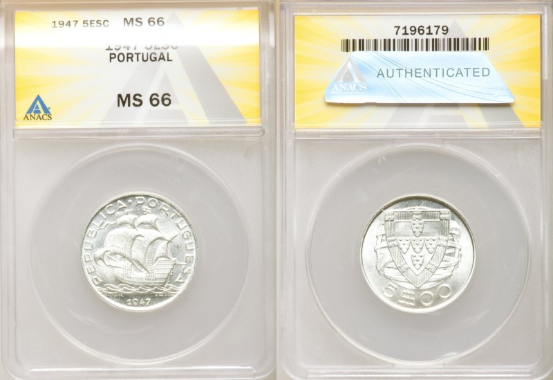 Republic 5-Piece Lot of Certified 5 Escudos 1947 MS66 ANACS, KM581. Sold as is, ...