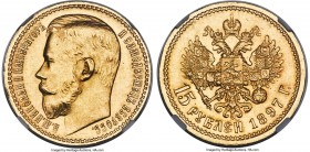 Nicholas II gold 15 Roubles 1897-AГ MS61 NGC, St. Petersburg mint, KM-Y65.2, Bit-2. Narrow Rim Variety. A fully uncirculated representative of the typ...