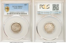 Republic 6 Pence 1892 MS62 PCGS, KM4. Mintage: 28,000. The bold portrait exhibits a subdued luster, opposite of that found on the reverse.

HID09801...