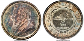 Republic 2 Shillings 1892 MS62 PCGS, Pretoria mint, KM6. Darkly toned over on the obverse to a singular iridescence that combines prominent hues of go...