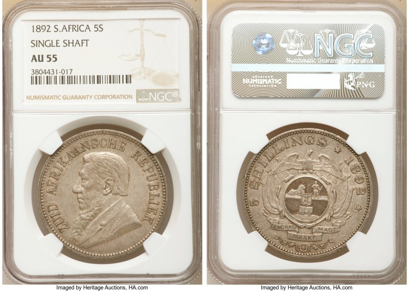 Republic "Single Shaft" 5 Shillings 1892 AU55 NGC, Berlin mint, KM8.1. Mintage: ...