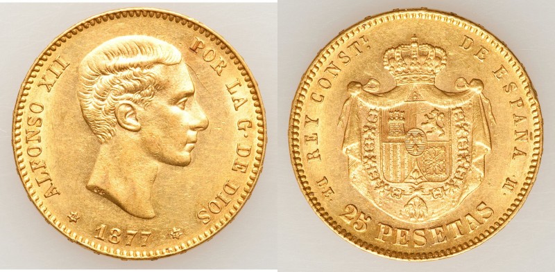 Alfonso XII gold 25 Pesetas 1877(77) DE-M AU, Madrid mint, KM673. 23.4mm. 8.04gm...