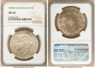 Confederation 5 Francs 1892-B MS62 NGC, Bern mint, KM34. The prominent and bold central portrait is beautifully struck, producing a radiant cartwheel ...