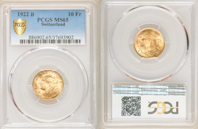 Confederation gold 10 Francs 1922-B MS65 PCGS, Bern mint, KM36. AGW 0.0933 oz. ...