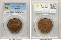 Republic Centavo 1852-(l) AU55 PCGS, London mint, KM-Y6. This lightly circulated representative displays a pleasing chocolate brown surface encompassi...