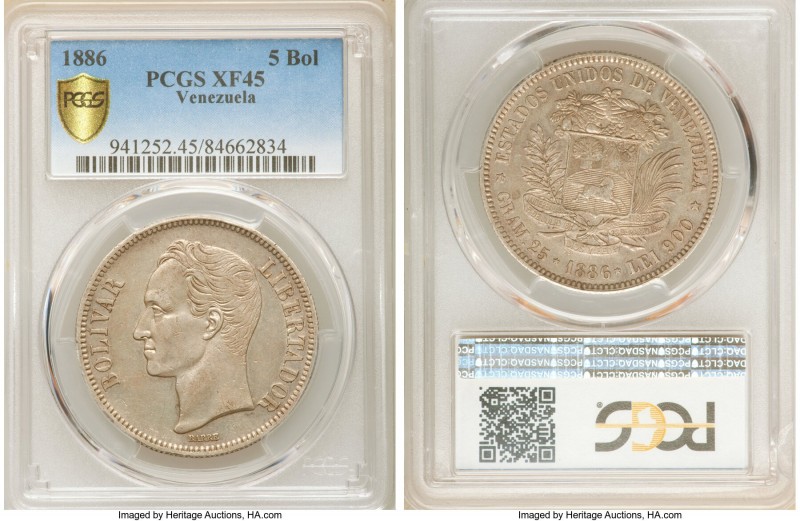 Republic 5 Bolivares 1886 XF45 PCGS, Caracas mint, KM-Y24.1. An evenly circulate...