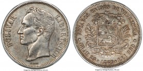Republic 5 Bolivares 1889 XF45 PCGS, Caracas mint, KM-Y24.1. A mildly circulated specimen with strong integral details and no evidence of serious post...