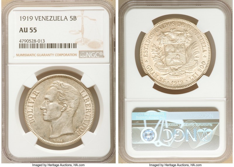 Republic 5 Bolivares 1919-(p) AU55 NGC, Philadelphia mint, KM-Y24. A bold exampl...