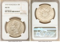 Republic 5 Bolivares 1919-(p) AU55 NGC, Philadelphia mint, KM-Y24. A bold example with traces of luster in the recesses of the periphery.

HID098012...