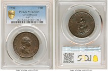George III Pair of Certified Assorted Copper Issues PCGS, 1) Great Britain: 1/2 Penny 1799-SOHO - MS63 Brown, KM647,S-3778. 5 Incuse gun ports 2) Irel...