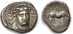 Griechische Münzen, THESSALIA. LARISSA. Drachme (5,91 g). 369-360 v. Chr. Vs.: Kopf der Nymphe Larissa mit Ampyx en face, leicht nach links gewandt. R...