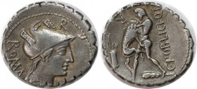 Römische Münzen, MÜNZEN DER RÖMISCHEN KAISERZEIT. C. Poblicius Q. f. AR Serrate Denar. Rom, 80 v. Chr. (3,86 g) Vs.: Behelmte und drapierte Büste von ...
