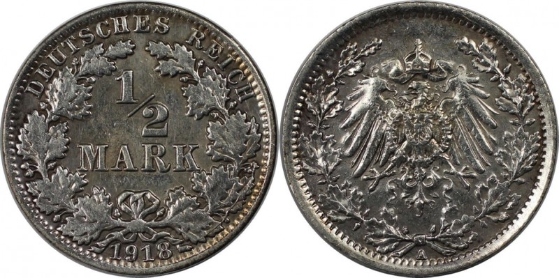 Deutsche Münzen und Medaillen ab 1871, REICHSKLEINMÜNZEN. 1/2 Mark 1918 A, Silbe...