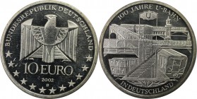 Deutsche Münzen und Medaillen ab 1945, BUNDESREPUBLIK DEUTSCHLAND. 100 Jahre U-Bahn in Deutschland. 10 Euro 2002 D, Silber. KM 216. Stempelglanz