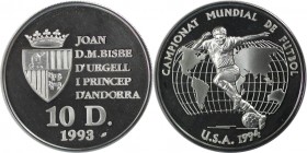 Europäische Münzen und Medaillen, Andorra. Fußball WM 1994 in USA. 10 Diners 1993. 31,47 g. 0.925 Silber. 0.94 OZ. KM 86. Polierte Platte