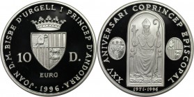 Europäische Münzen und Medaillen, Andorra. 25. Jahre Bischof von Andorra. 10 Diners 1996. 31,47 g. 0.925 Silber. 0.94 OZ. KM 125. Polierte Platte