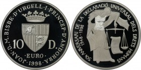 Europäische Münzen und Medaillen, Andorra. Menschenrechte. 10 Diners 1998. 31,47 g. 0.925 Silber. 0.94 OZ. KM 143. Polierte Platte