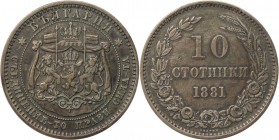 Europäische Münzen und Medaillen, Bulgarien / Bulgaria. Alexander I. (1879-1886). 10 Stotinki 1881, Bronze. KM 3. Fast Vorzüglich