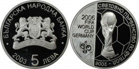 Europäische Münzen und Medaillen, Bulgarien / Bulgaria. Fussball - WM 2006 in Deutschland. 5 Leva 2003. 28,28 g. 0.925 Silber. 0.84 OZ. KM 268. Polier...