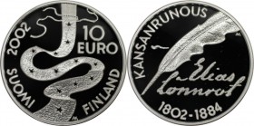 Europäische Münzen und Medaillen, Finnland / Finland. Elias Lönnrot. 10 Euro 2002. 27,40 g. 0.925 Silber. 0.81 OZ. KM 108. Polierte Platte