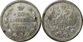Russische Münzen und Medaillen, Alexander II. (1854-1881), Silber. 20 Kopeken 1871 SPB NI, Silber. Vorzüglich