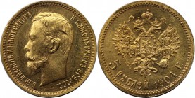 Russische Münzen und Medaillen, Nikolaus II. (1894-1918). 5 Rubel 1904, 0.900 Gold. 4.30 g. Bitkin 31. Stempelglanz