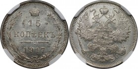 Russische Münzen und Medaillen, Nikolaus II. (1894-1918). 15 Kopeken 1917 BC, Silber. Bitkin 144 (R). NGC MS 64+