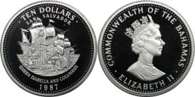 Weltmünzen und Medaillen, Bahamas. Columbus und Isabella, Seefahrt. 10 Dollars 1987. 28,28 g. 0.925 Silber. 0.84 OZ. KM 120. Polierte Platte