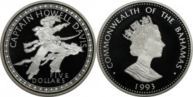 Weltmünzen und Medaillen, Bahamas. Berühmte Piraten - Howell Davis. 5 Dollars 1993. 23,33 g. 0.925 Silber. 0.69 OZ. KM 159. Polierte Platte