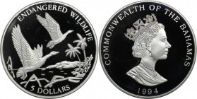 Weltmünzen und Medaillen, Bahamas. Endangered Wildlife - Black-billed pfeifende Ente. 5 Dollars 1994. 31,10 g. 0.999 Silber. 1.0 OZ. KM 172. Polierte ...